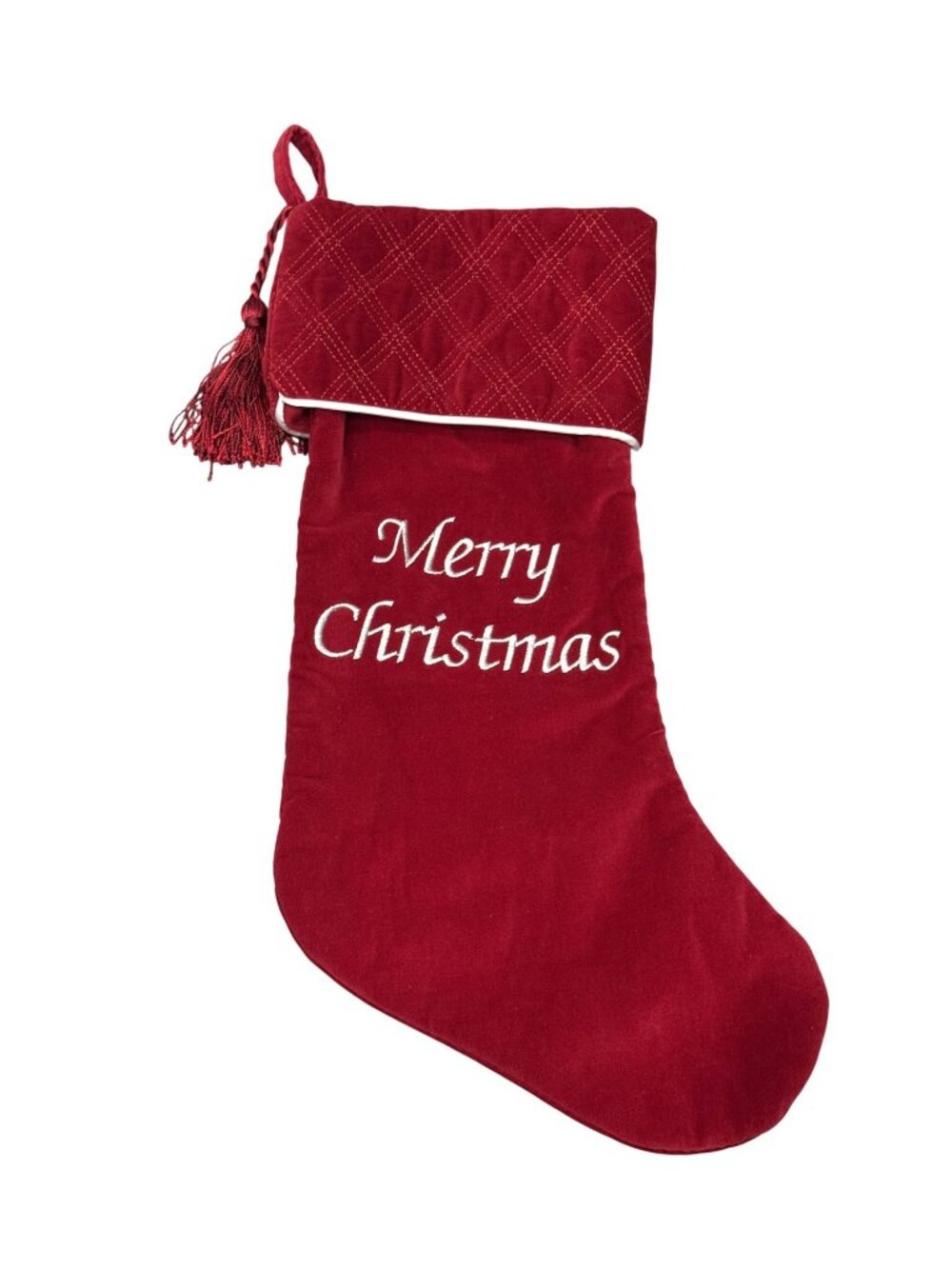 Red Velvet Embroidered “Merry Christmas” Stocking~Quilted Cuff~Tassel~19”